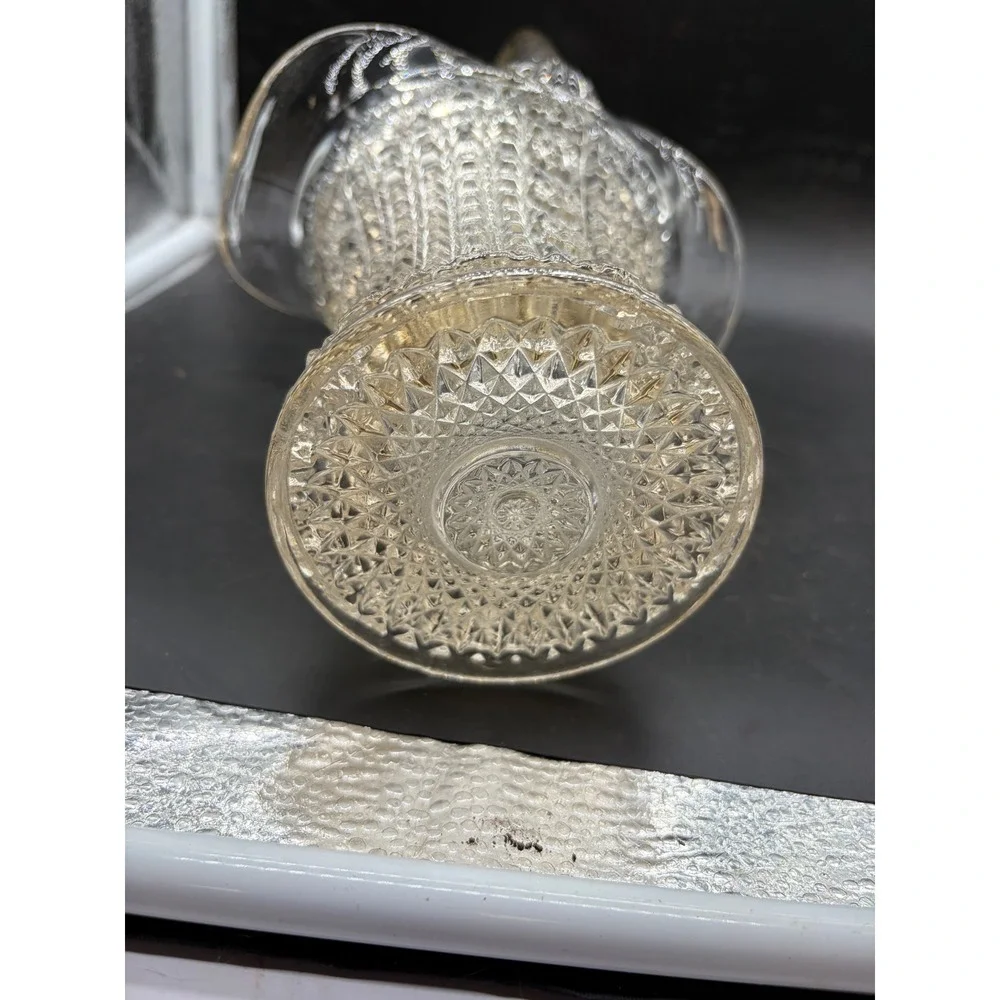 Vintage Clear Pressed Glass Basket Twisted Handle Diamond Starburst 13.5in